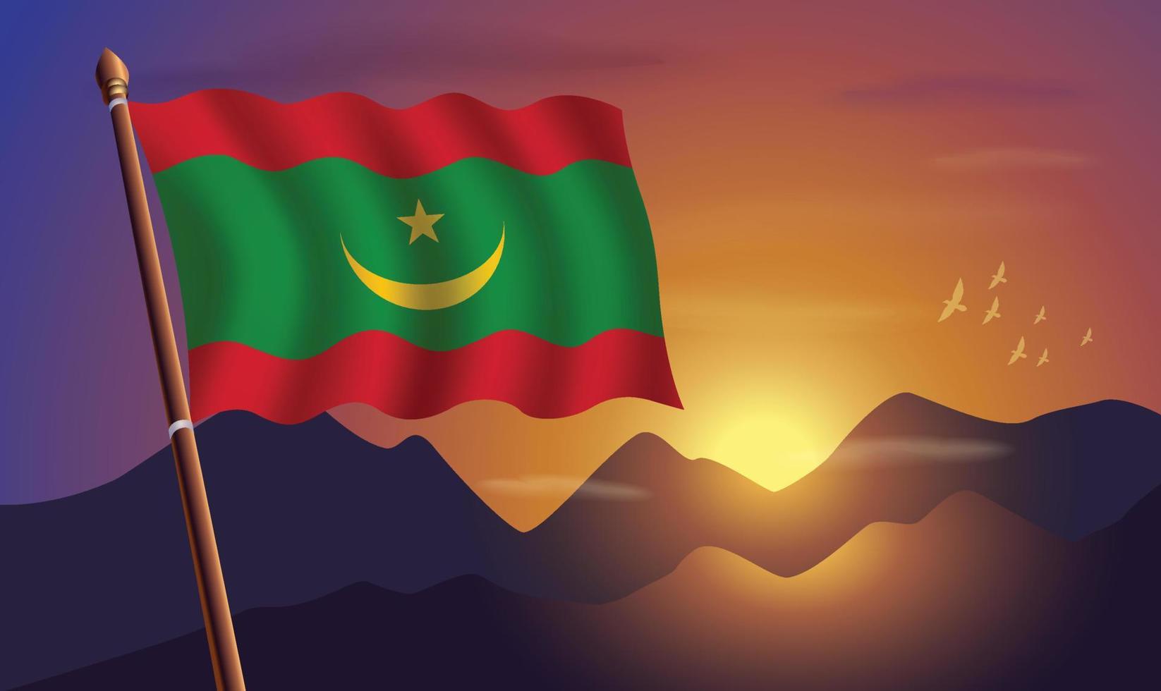 Mauritania bandera con montañas y puesta de sol en el antecedentes vector