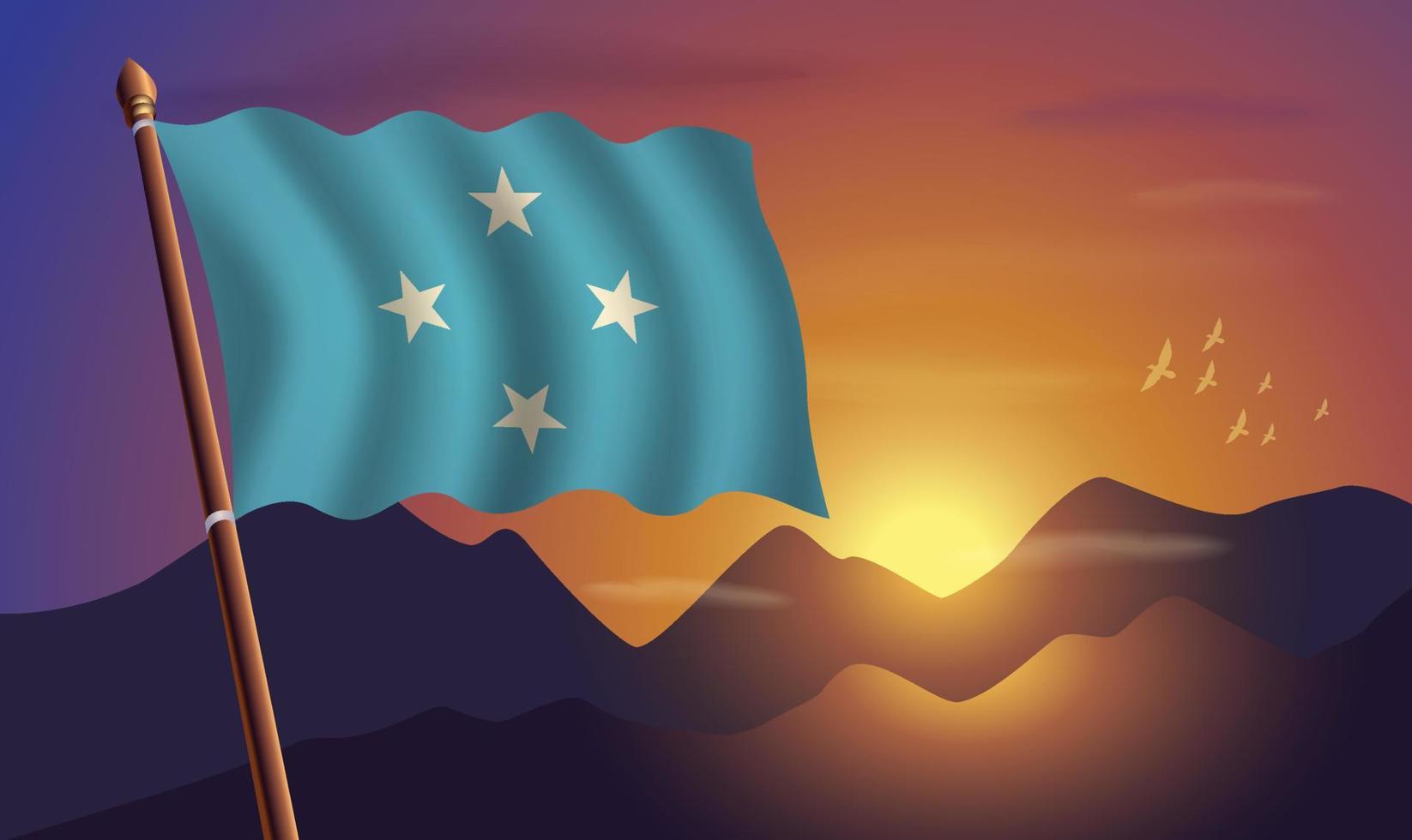 micronesia bandera con montañas y puesta de sol en el antecedentes vector