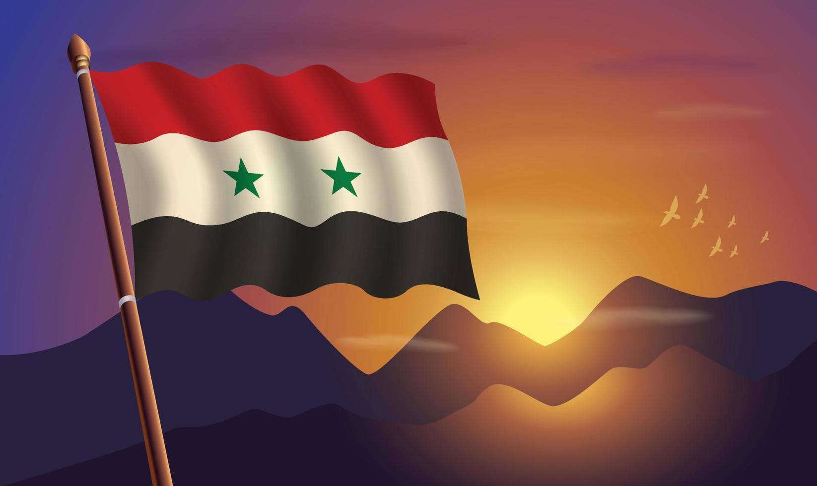 Siria bandera con montañas y puesta de sol en el antecedentes vector