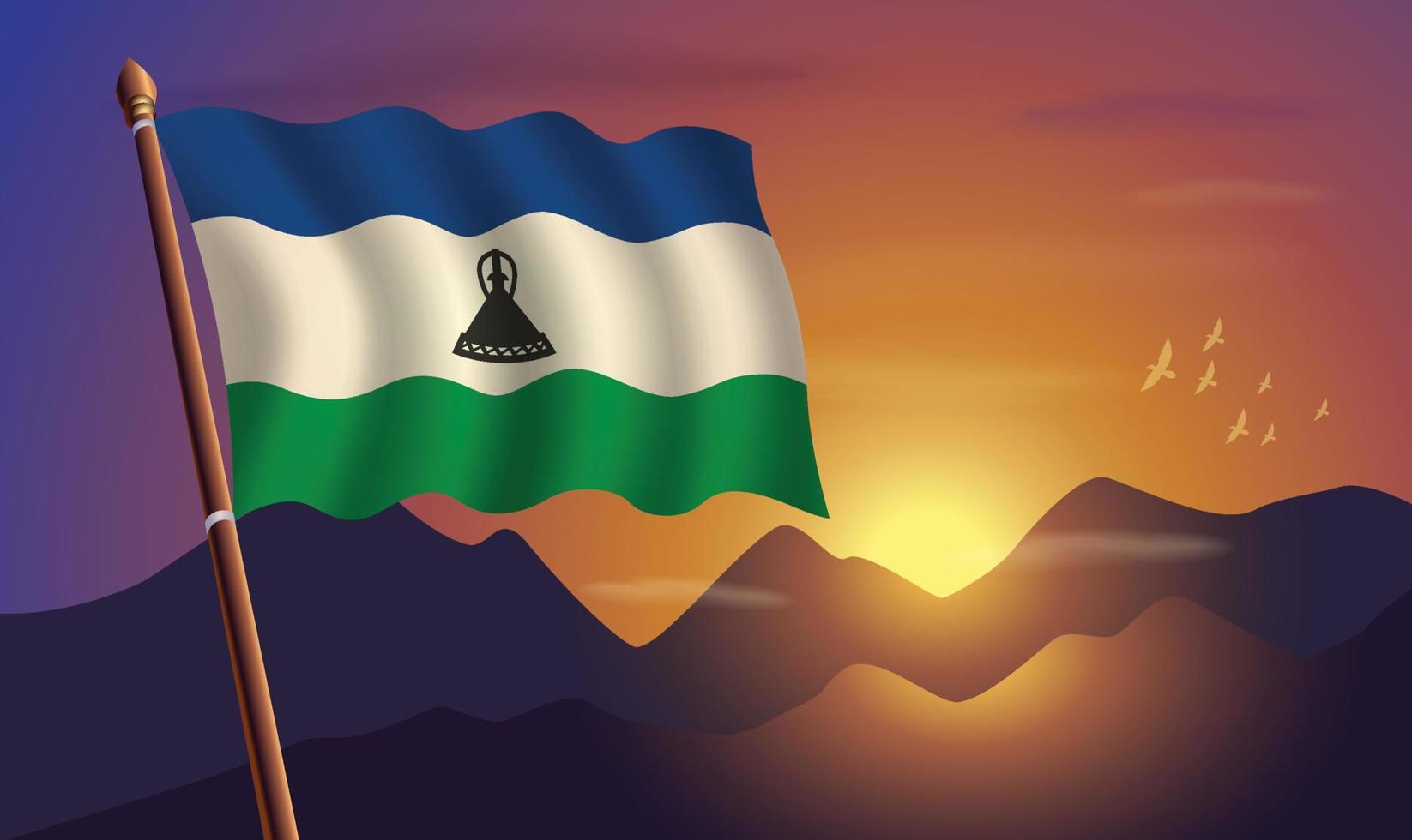 Lesoto bandera con montañas y puesta de sol en el antecedentes vector