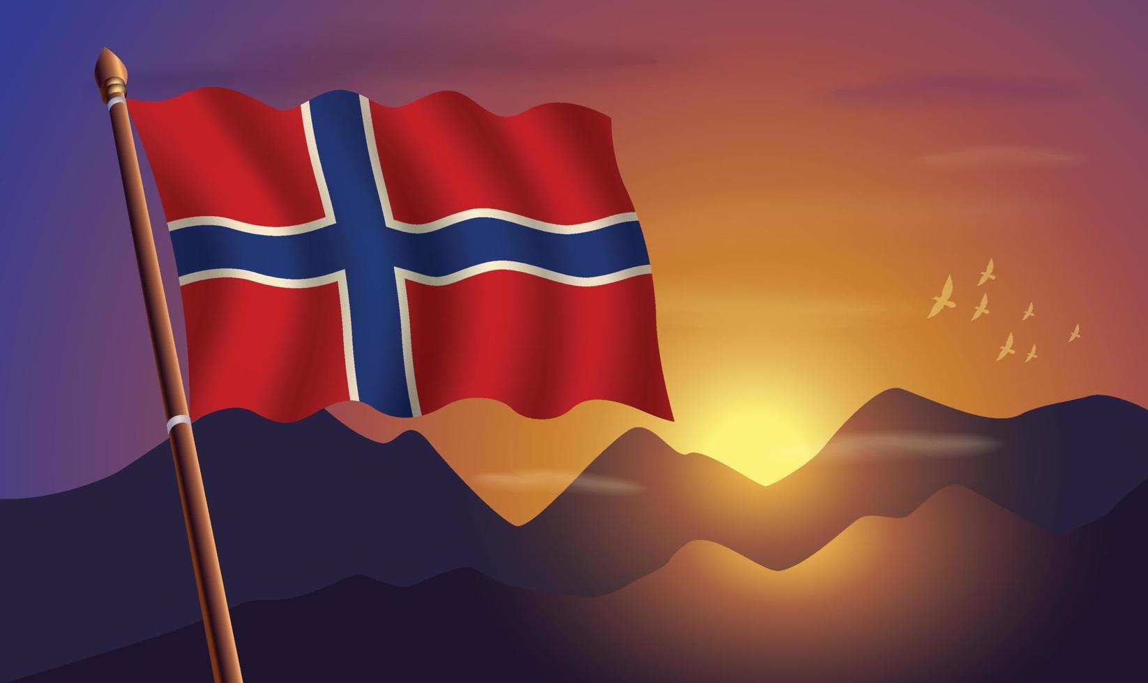 Noruega bandera con montañas y puesta de sol en el antecedentes vector