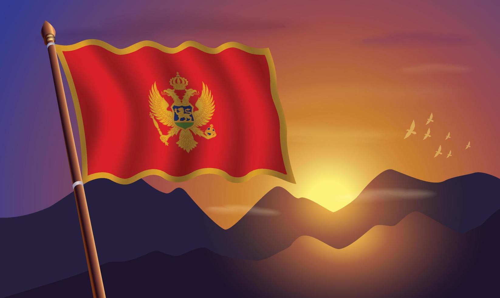 Montenegro flag with mountains and sunset in the background vector
