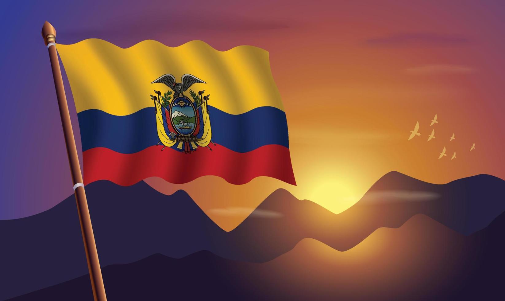 Ecuador bandera con montañas y puesta de sol en el antecedentes vector