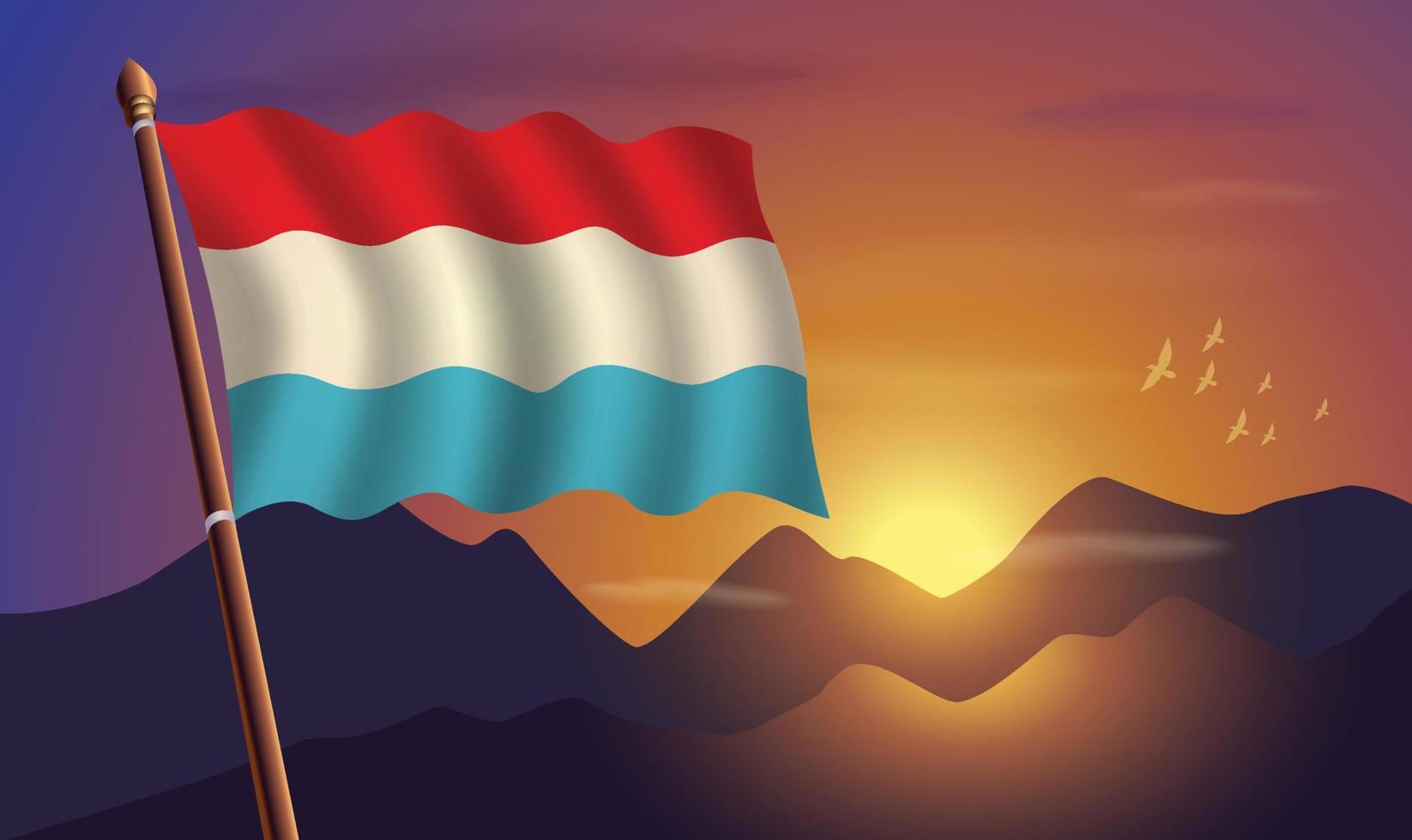 Luxemburgo bandera con montañas y puesta de sol en el antecedentes vector