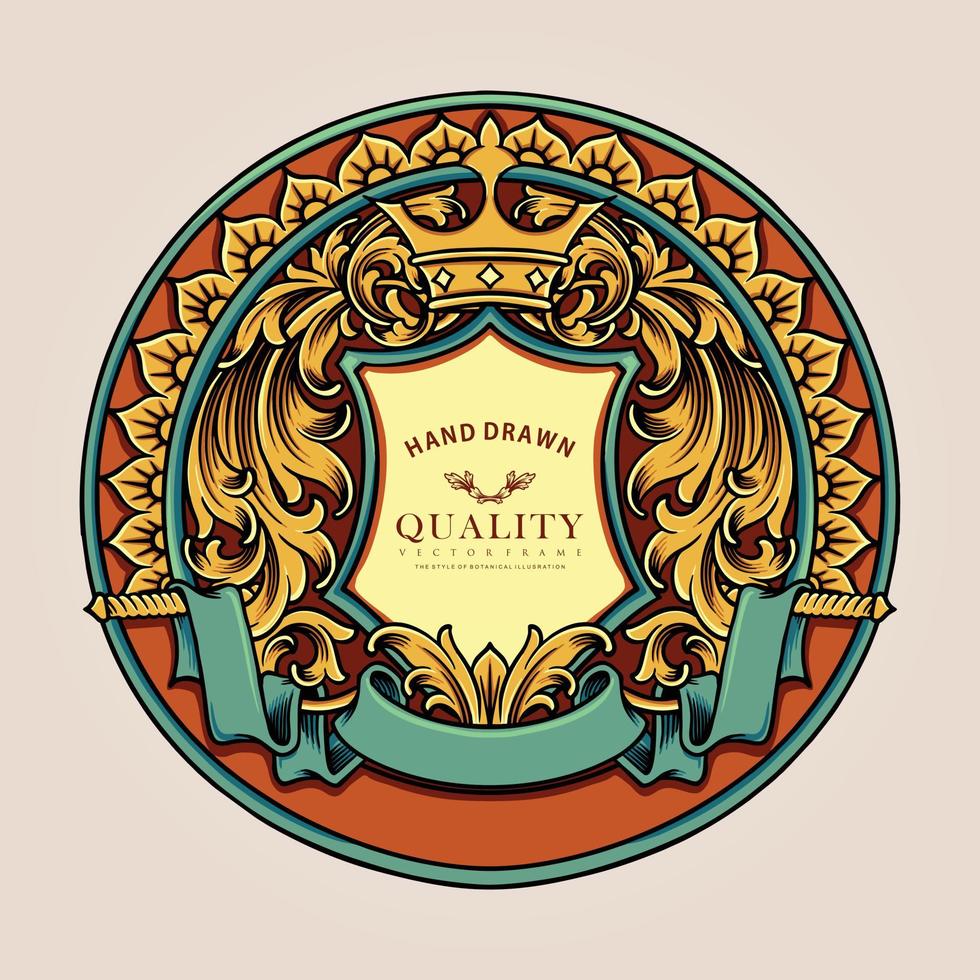 elegante oro marco etiqueta Clásico remolino ornamento logo modelo ilustraciones vector