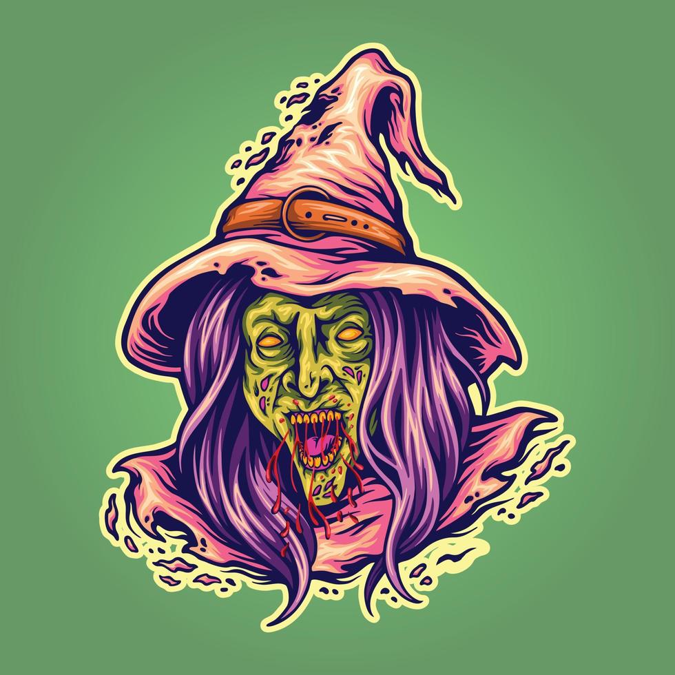 escalofriante bruja zombi cabeza logo dibujos animados ilustraciones vector