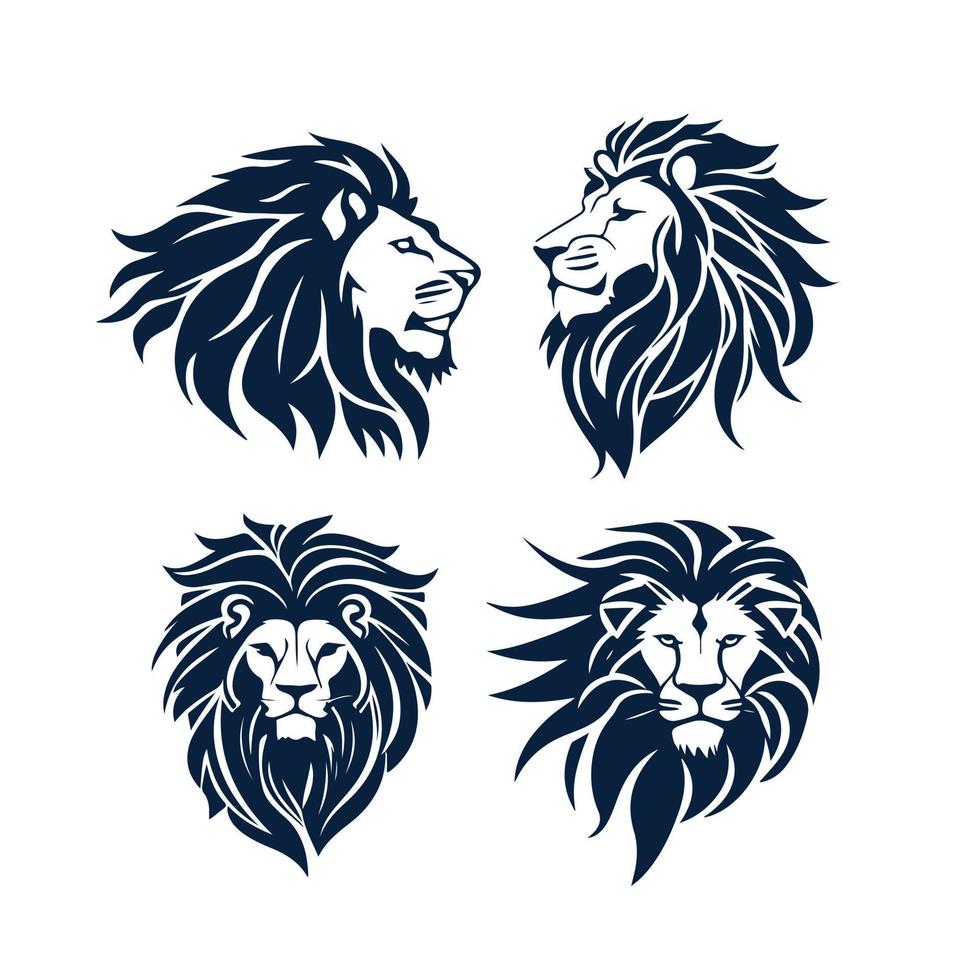 Lion head face logo set silhouette black icon tattoo mascot hand drawn lion king silhouette animal vector illustration