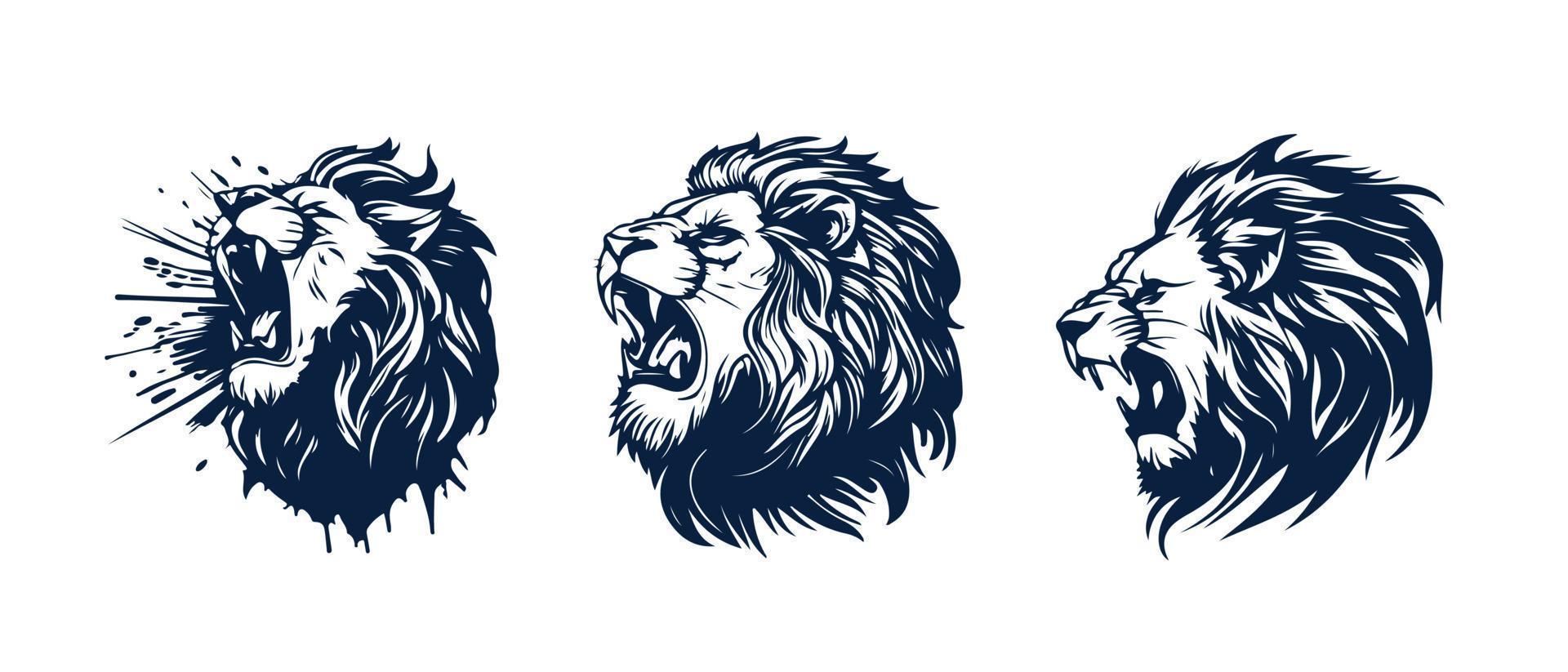 Lion head face logo set silhouette black icon tattoo mascot hand drawn
