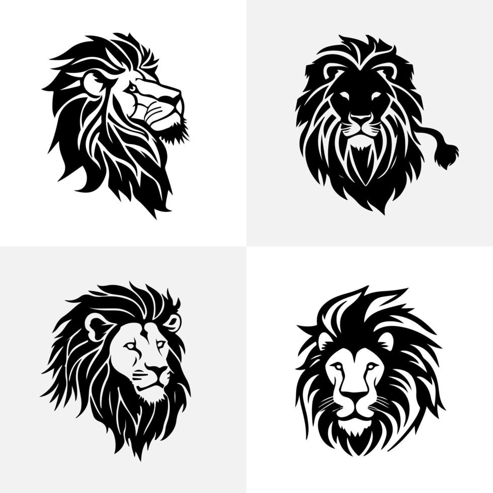 Lion head face logo set silhouette black icon tattoo mascot hand drawn lion king silhouette animal vector illustration