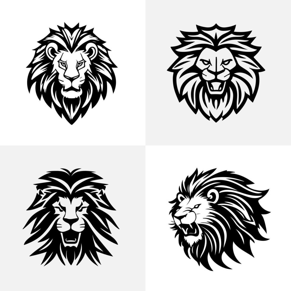 Lion head face logo set silhouette black icon tattoo mascot hand drawn lion king silhouette animal vector illustration