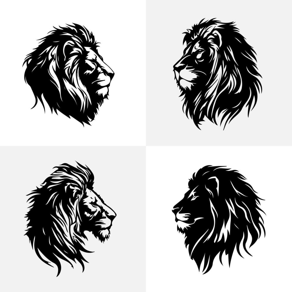 león cabeza cara logo conjunto silueta negro icono tatuaje mascota mano dibujado león Rey silueta animal vector ilustración