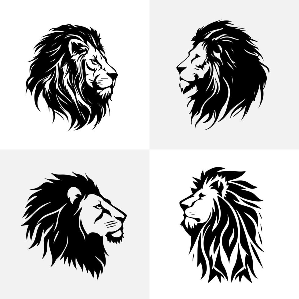 Lion head face logo set silhouette black icon tattoo mascot hand drawn lion king silhouette animal vector illustration