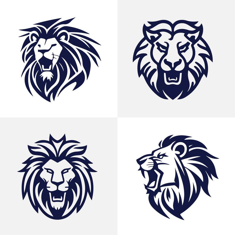 Lion head face logo set silhouette black icon tattoo mascot hand drawn lion king silhouette animal vector illustration
