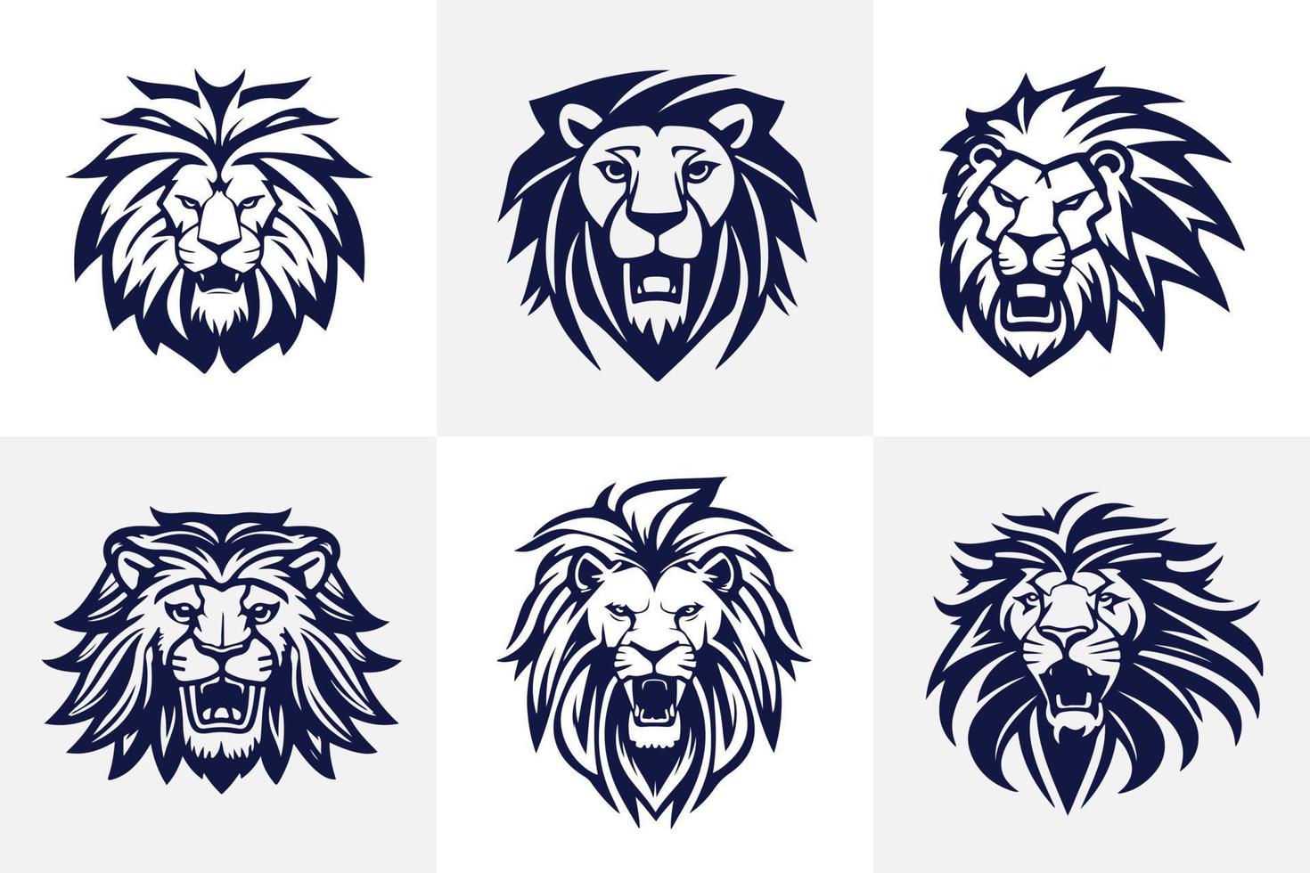 Lion head face logo set silhouette black icon tattoo mascot hand drawn lion king silhouette animal vector illustration