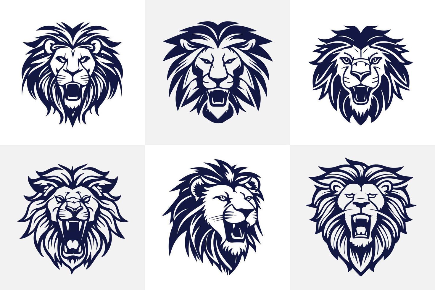 Lion head face logo set silhouette black icon tattoo mascot hand drawn lion king silhouette animal vector illustration