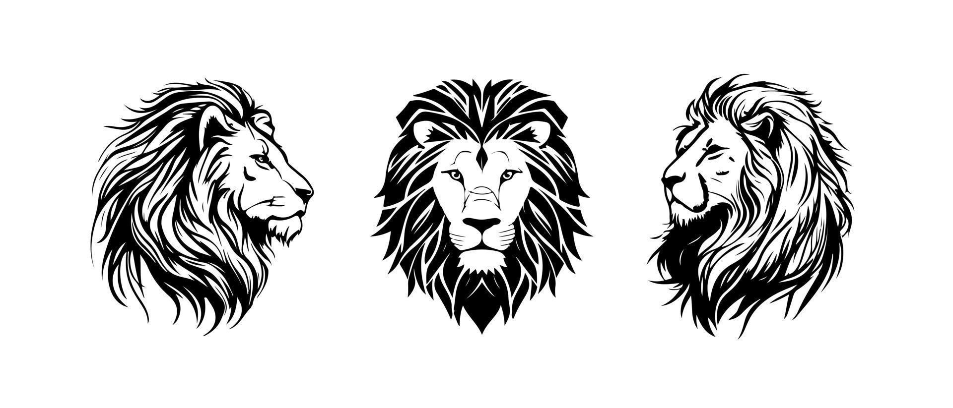 Lion head face logo silhouette black icon tattoo mascot hand drawn lion king silhouette animal vector illustration