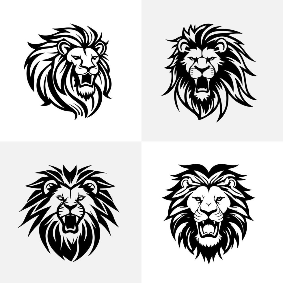 Lion head face logo set silhouette black icon tattoo mascot hand drawn lion king silhouette animal vector illustration