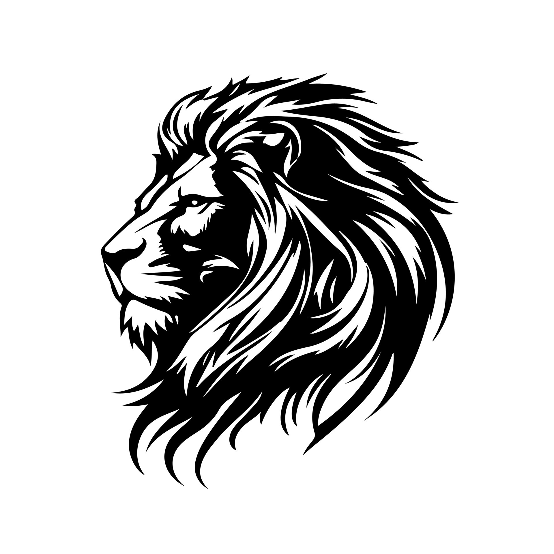 Lion head face logo silhouette black icon tattoo mascot hand drawn lion