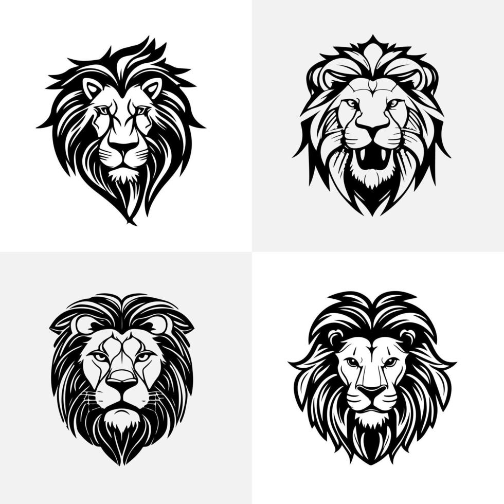 Lion head face logo set silhouette black icon tattoo mascot hand drawn lion king silhouette animal vector illustration