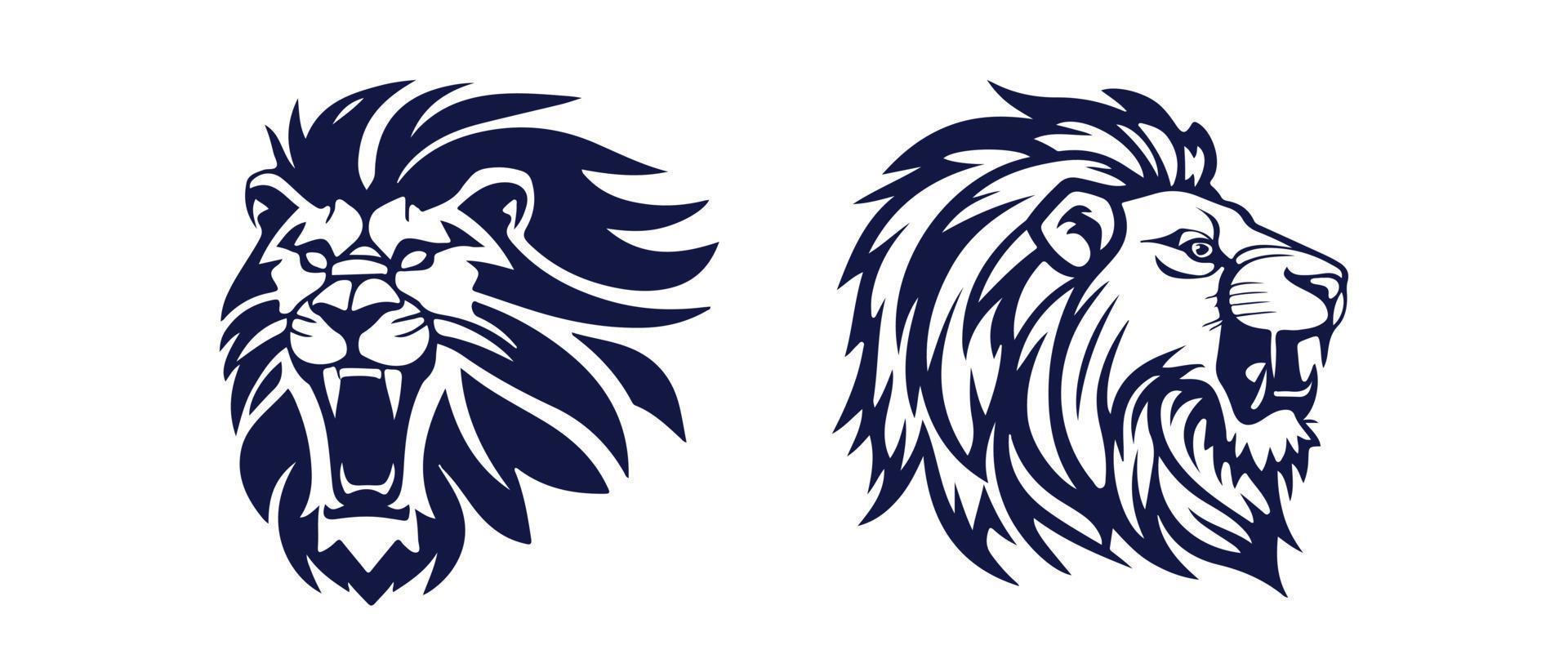 Lion head face logo set silhouette black icon tattoo mascot hand drawn lion king silhouette animal vector illustration