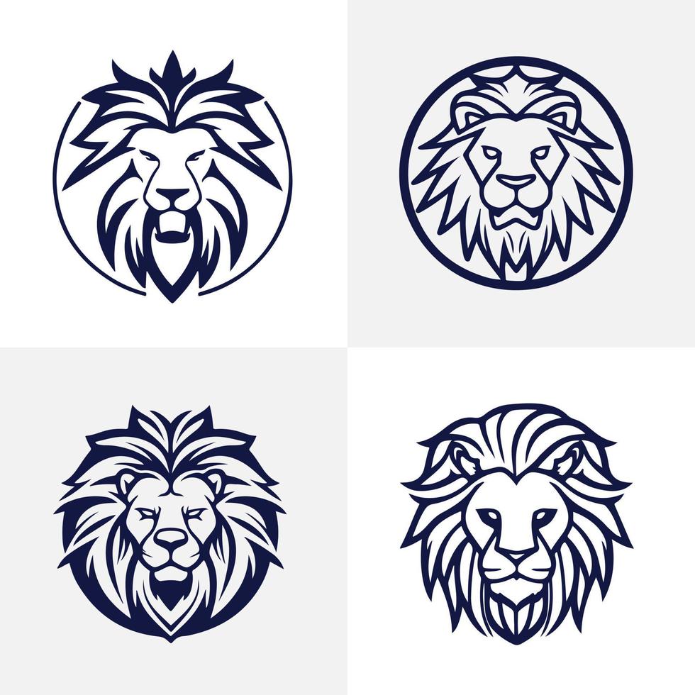 Lion head face logo set silhouette black icon tattoo mascot hand drawn lion king silhouette animal vector illustration