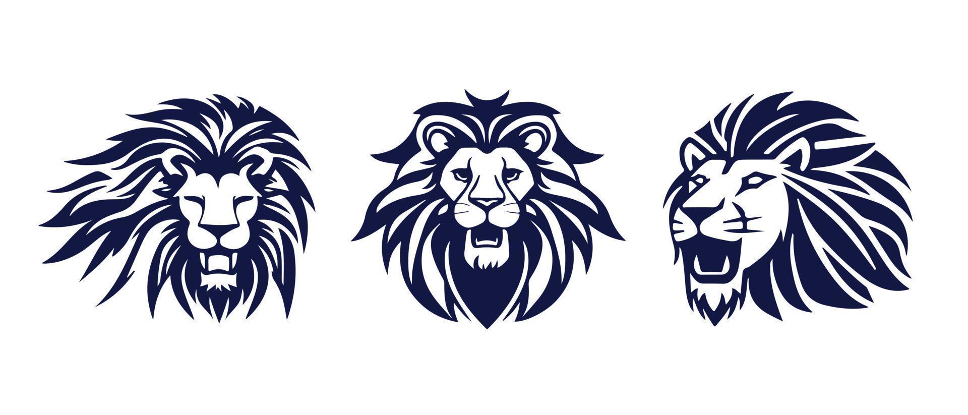 Lion head face logo set silhouette black icon tattoo mascot hand drawn lion king silhouette animal vector illustration