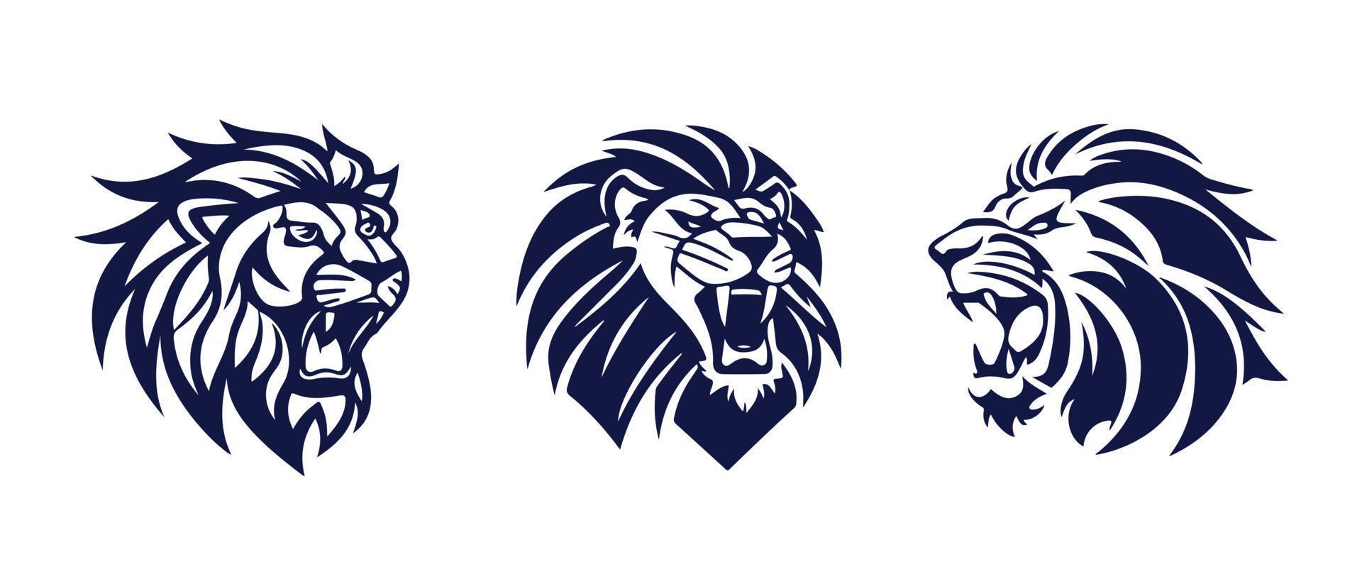 Lion head face logo set silhouette black icon tattoo mascot hand drawn lion king silhouette animal vector illustration