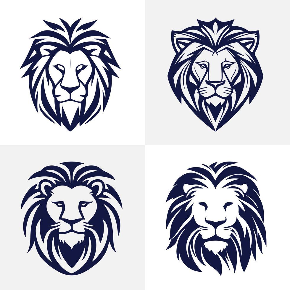 Lion head face logo set silhouette black icon tattoo mascot hand drawn lion king silhouette animal vector illustration