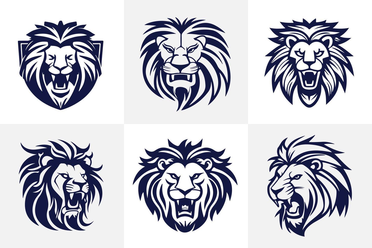Lion head face logo set silhouette black icon tattoo mascot hand drawn lion king silhouette animal vector illustration