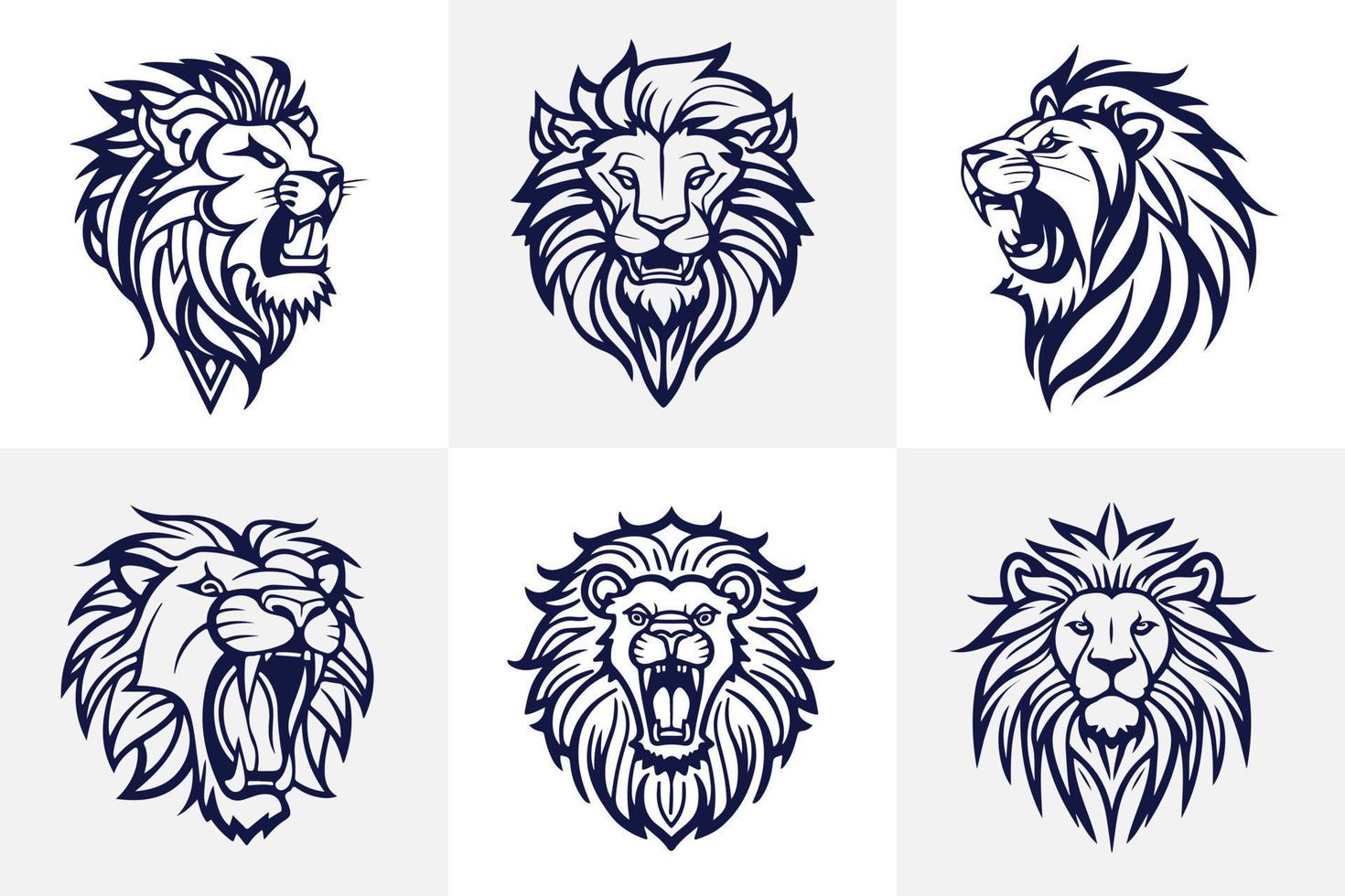 Lion head face logo set silhouette black icon tattoo mascot hand drawn lion king silhouette animal vector illustration