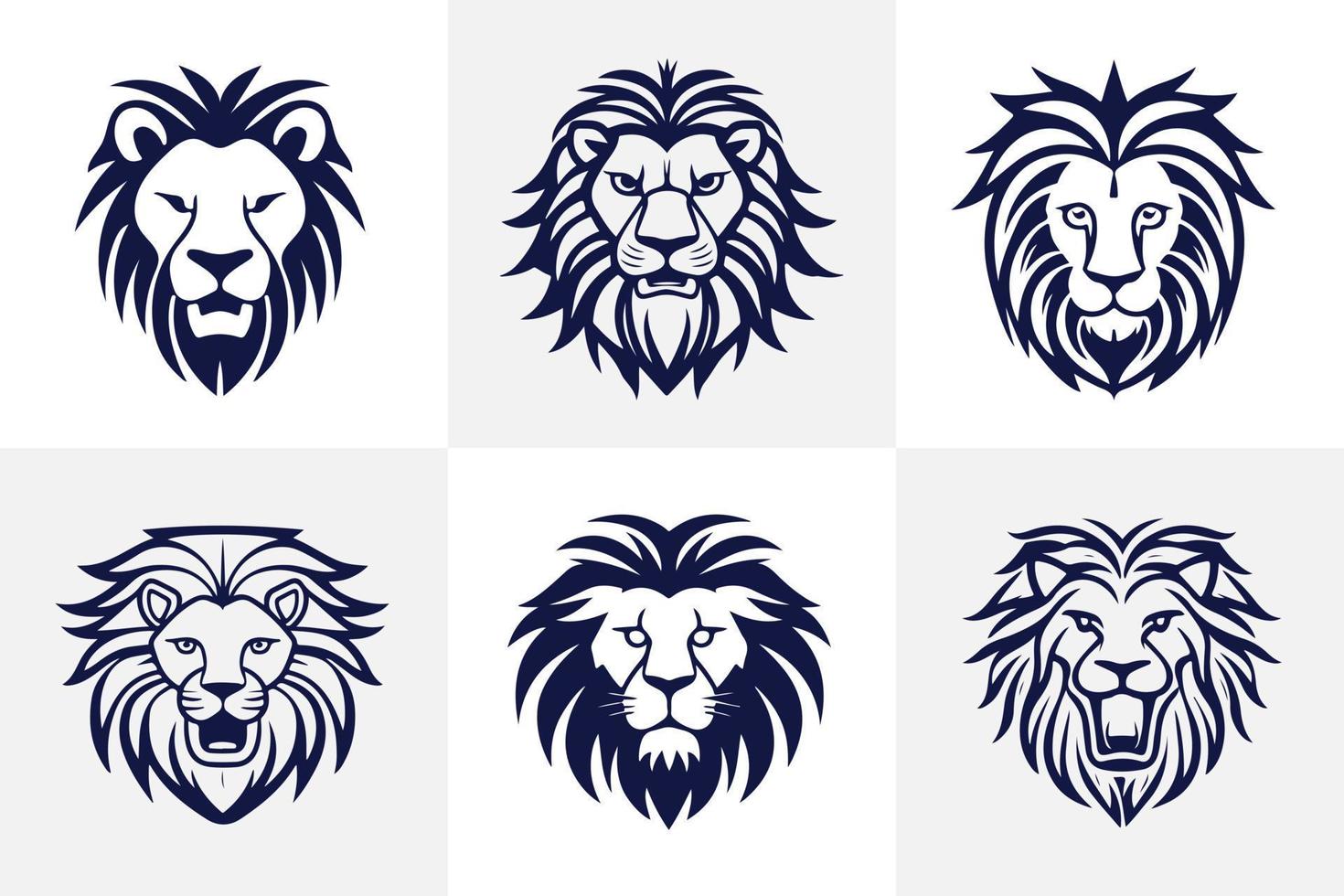 Lion head face logo set silhouette black icon tattoo mascot hand drawn lion king silhouette animal vector illustration