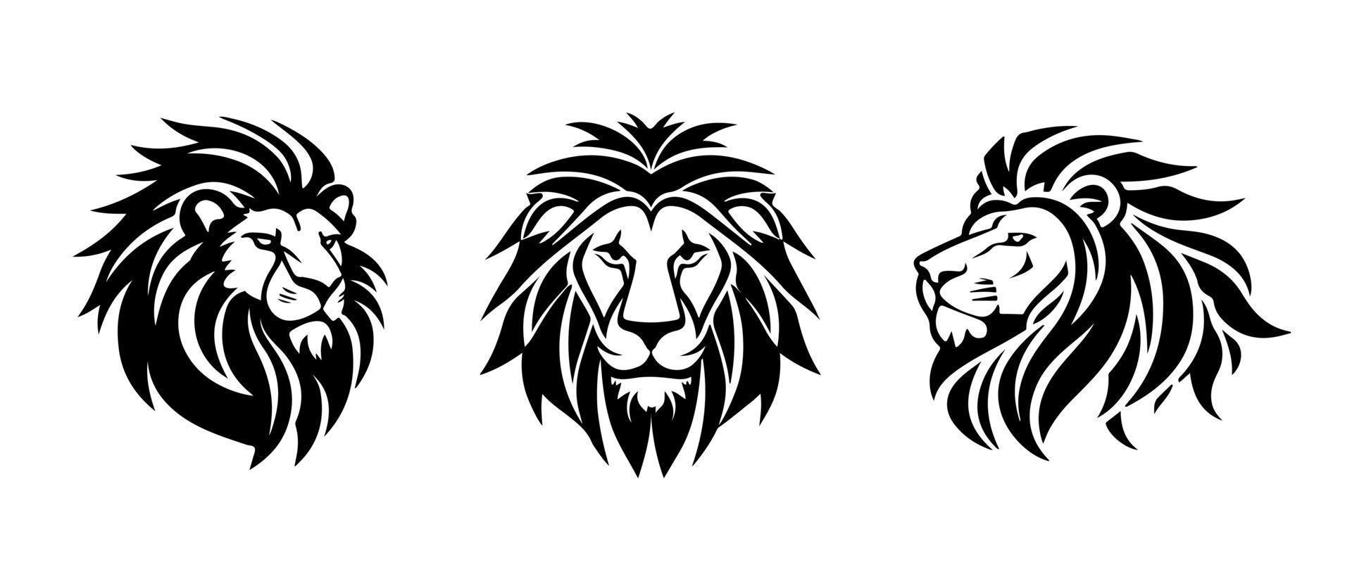 león cabeza cara logo conjunto silueta negro icono tatuaje mascota mano dibujado león Rey silueta animal vector ilustración