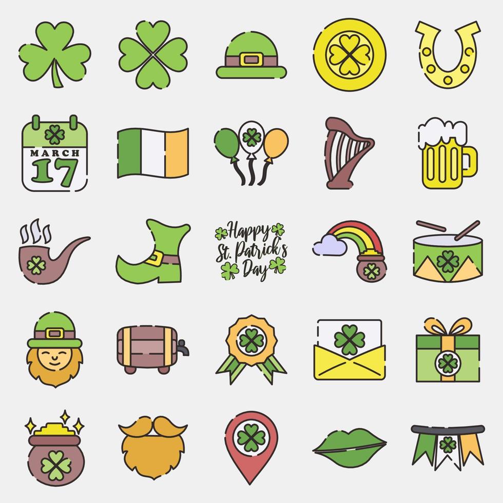 Icon set of St. Patrick's Day celebration elements. Icons in filled line style. Good for prints, posters, logo, party decoration, greeting card, etc. vector