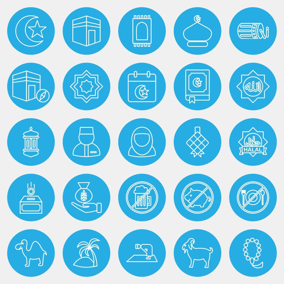 Icon set of islamic. Islamic elements of Ramadhan, Eid Al Fitr, Eid Al Adha. Icons in blue style. Good for prints, posters, logo, decoration, greeting card, etc. vector