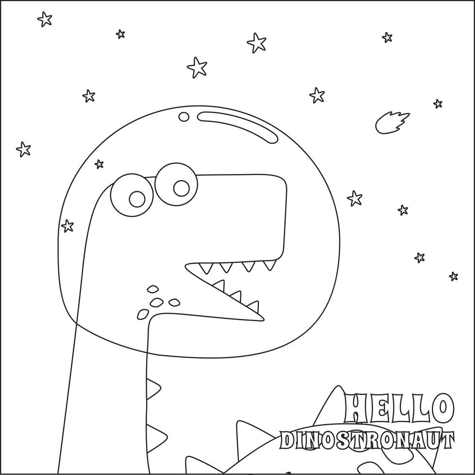 Cute dinosaur astronauts in space,  Cartoon outlines on white background isolated vector illustration, Creative vector Childish design for kids activity colouring book or page.