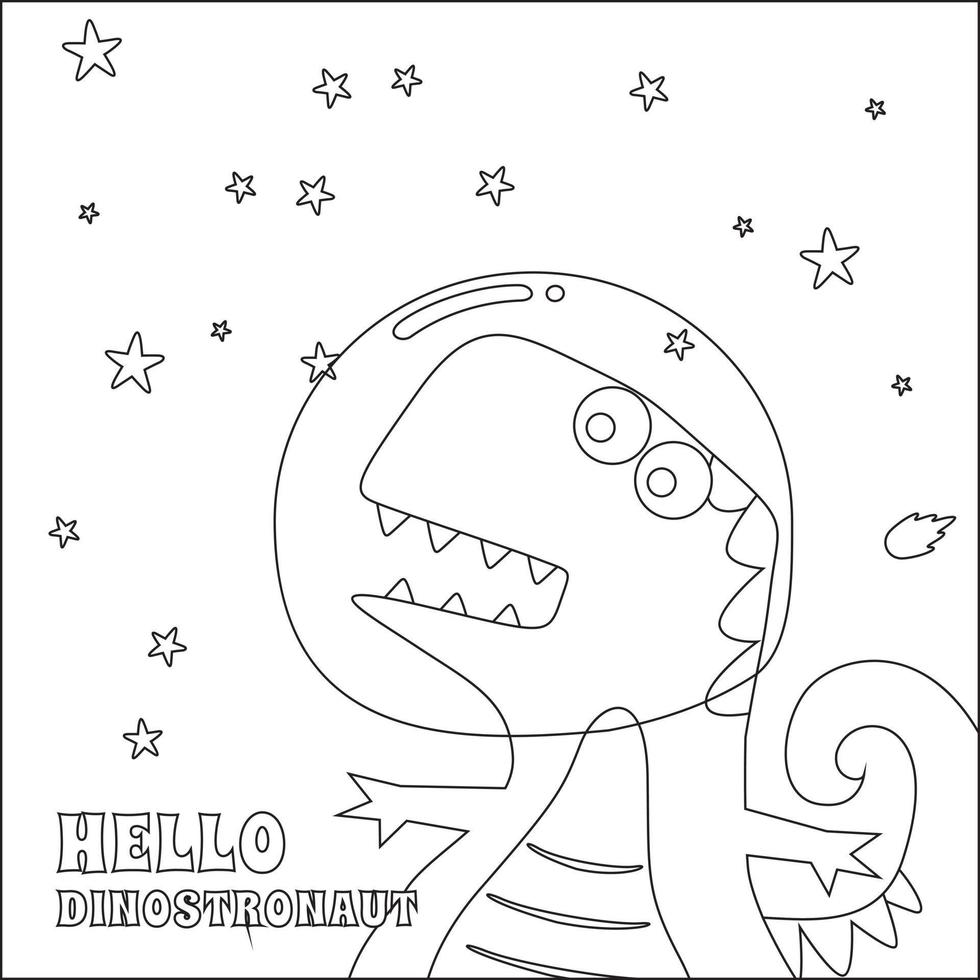 Cute dinosaur astronauts in space,  Cartoon outlines on white background isolated vector illustration, Creative vector Childish design for kids activity colouring book or page.