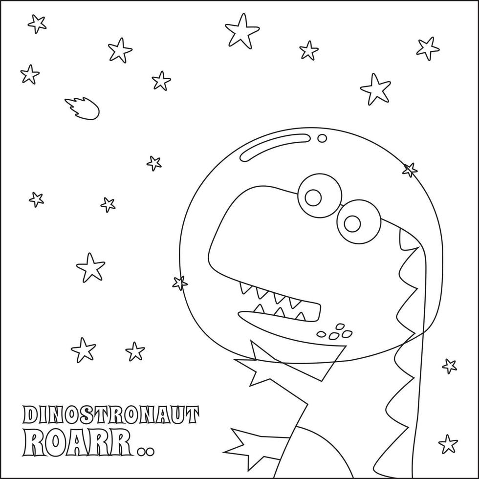 Cute dinosaur astronauts in space,  Cartoon outlines on white background isolated vector illustration, Creative vector Childish design for kids activity colouring book or page.