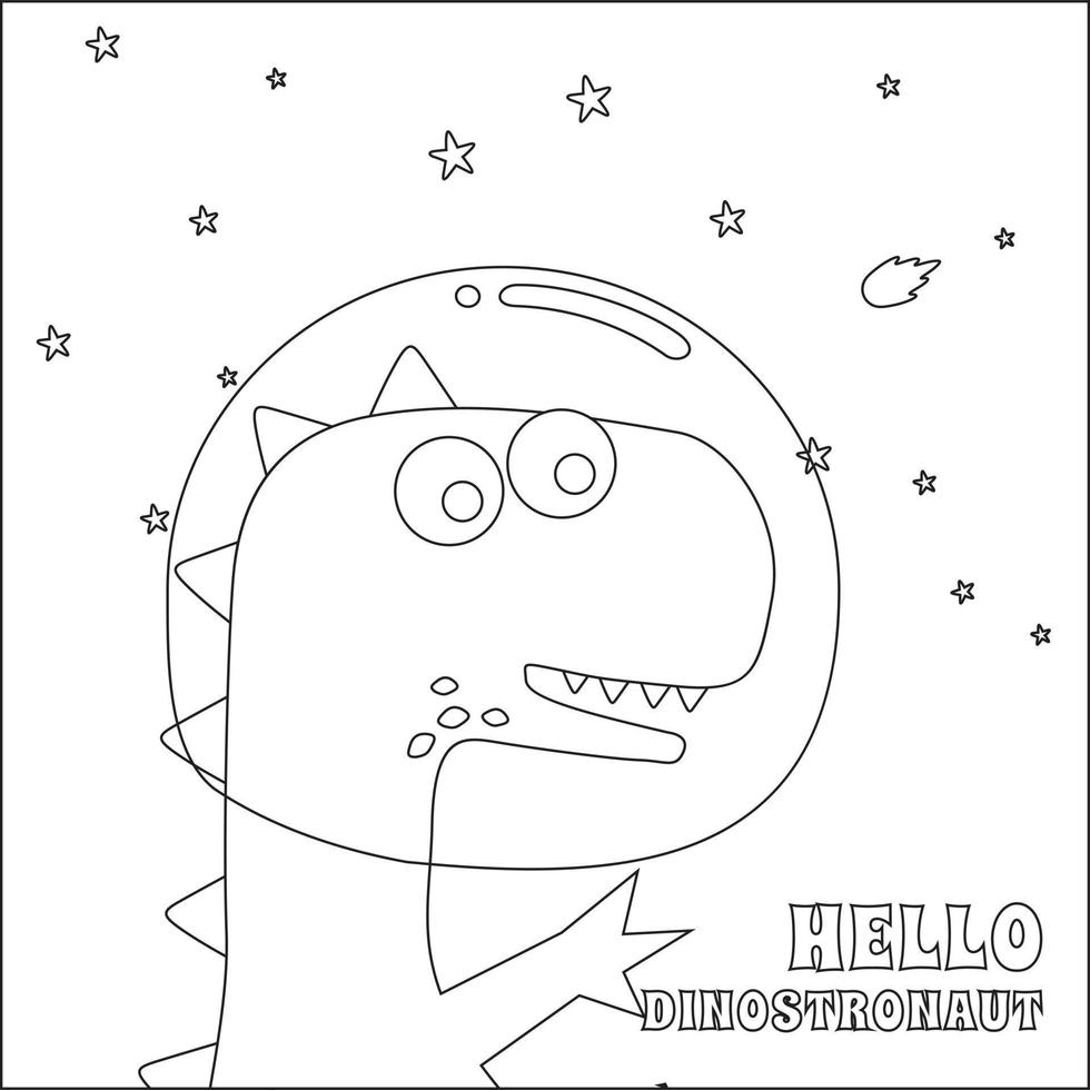 Cute dinosaur astronauts in space,  Cartoon outlines on white background isolated vector illustration, Creative vector Childish design for kids activity colouring book or page.