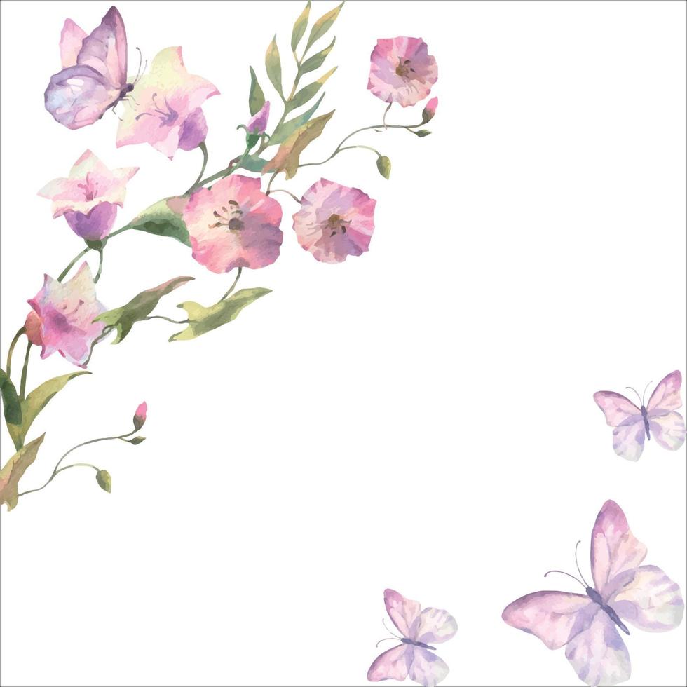 Watercolor vector pink Field flowers bouquet and butterfly. Template for design.