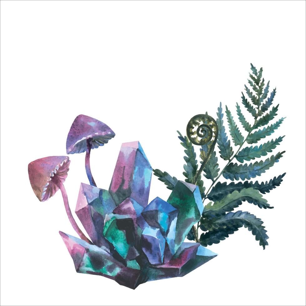 Watercolor composition of blue and purple crystals, fantasy toxic Halloween mushrooms and Fern vector