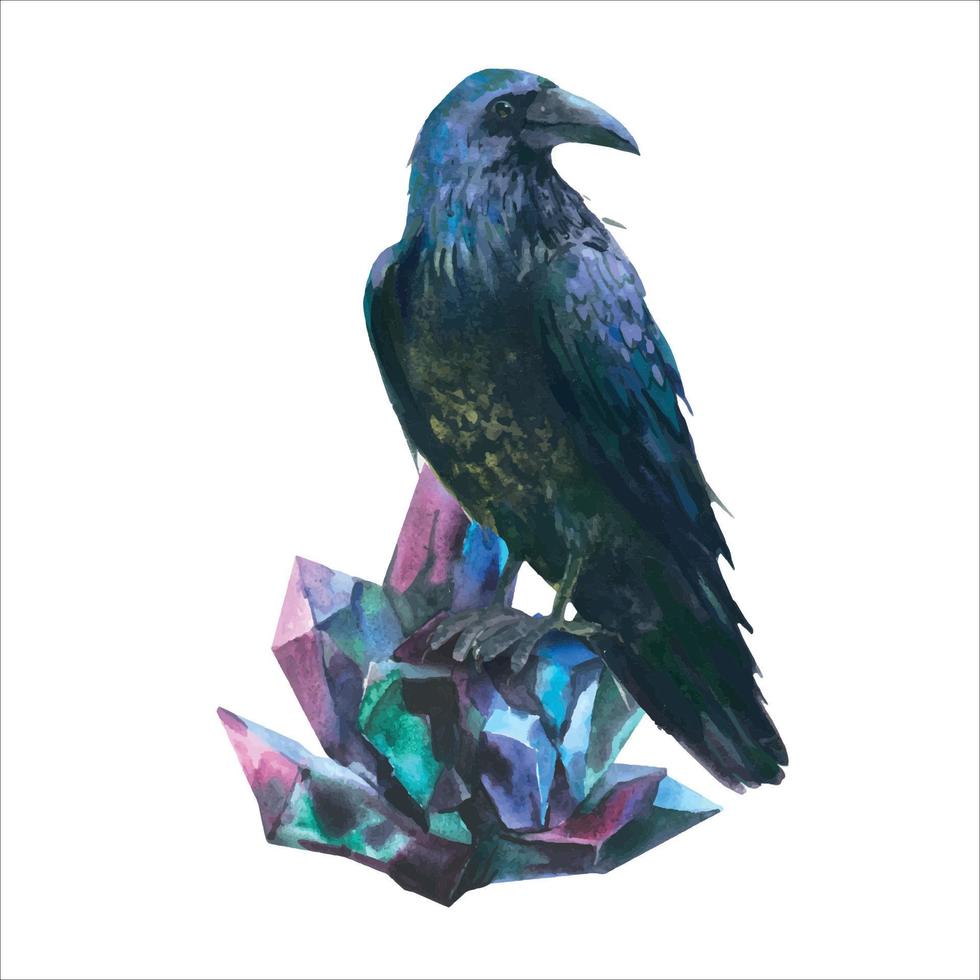 Watercolor vector mystic illustration, raven sitting on the crystal, isolated on white background