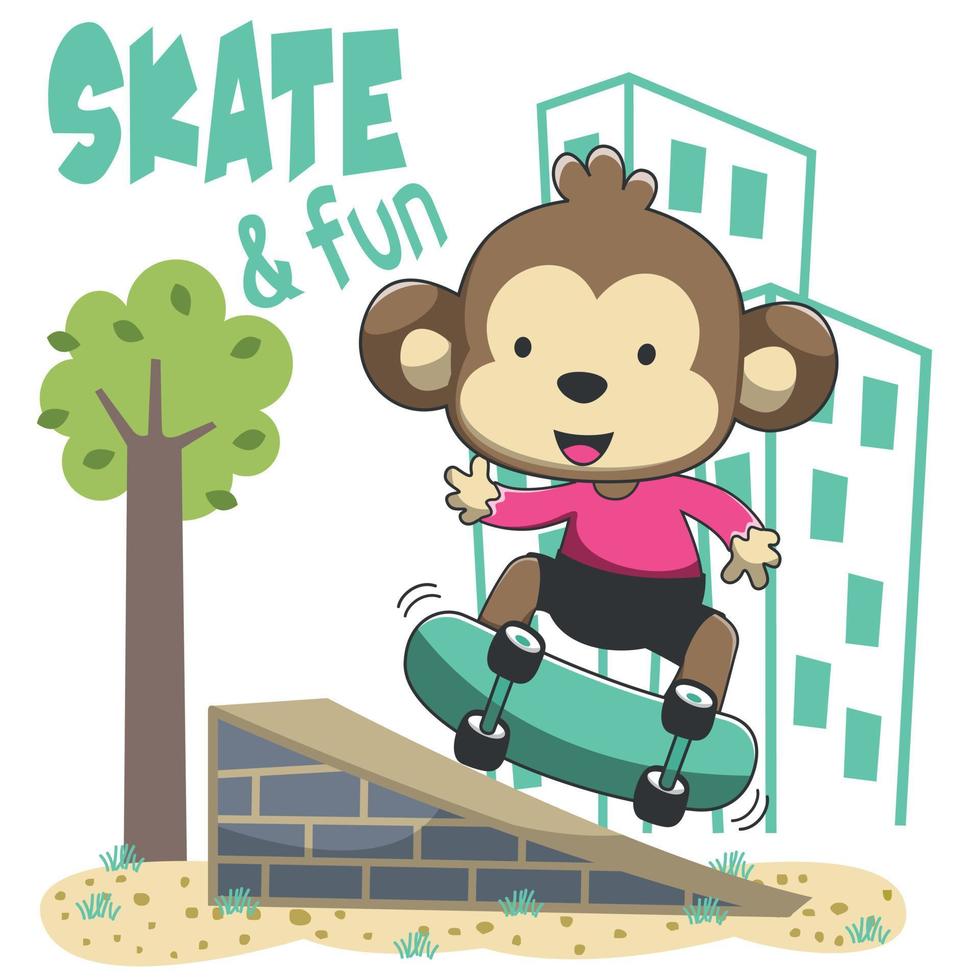Cute cartoon character monkey skater. Vector print with cute lion on a skateboard. Can be used for t-shirt print, kids wear fashion design, fabric textile, nursery wallpaper and other decoration.