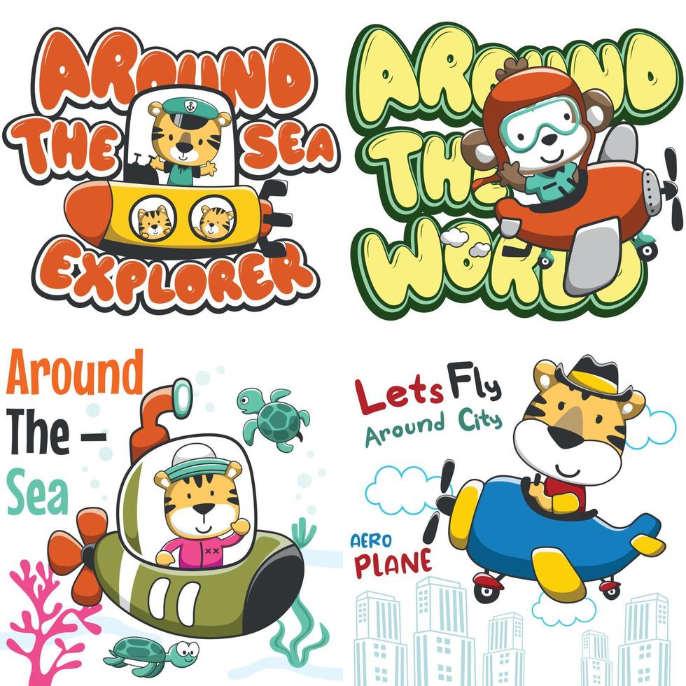 Set of cartoon kid animal activity. monkey and tiger pilot flying on a plane. cute tiger sailing with submarine Isolated objects on white background. Concept for children print. vector