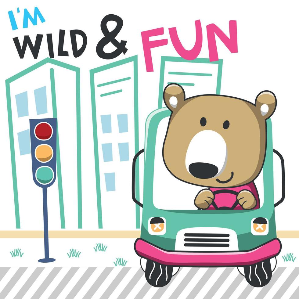 Vector illustration of funy bear driving the green car. Funny background cartoon style for kids. Little adventure with animals on the road for nursery design, cartoon tshirt art design.