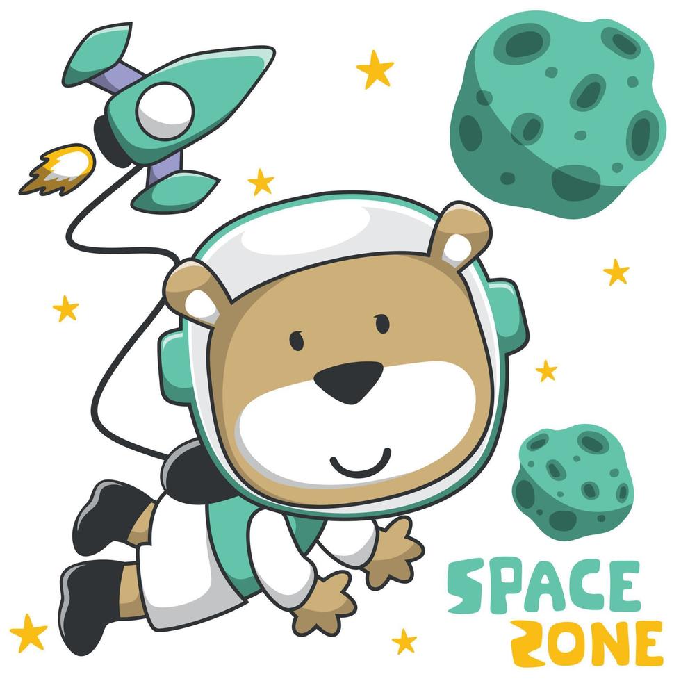 Vector illustration of cute cartoon astronaut little bear in space, Can be used for t-shirt print, kids wear fashion design, invitation card. fabric textile, nursery wallpaper, and other decoration.