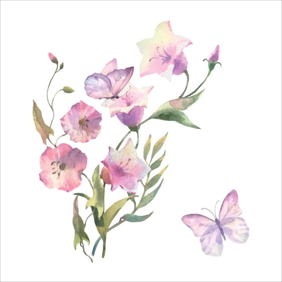 Watercolor Field flowers, bluebell flower and bindweed bouquet and butterfly, isolated on white background. vector