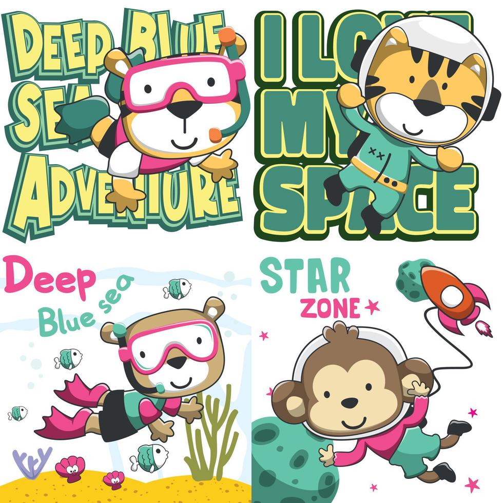 conjunto de dibujos animados niño animal actividad. Tigre y oso buceo submarino. astronauta Tigre y mono en espacio aislado objetos en blanco antecedentes. concepto para niños impresión. vector