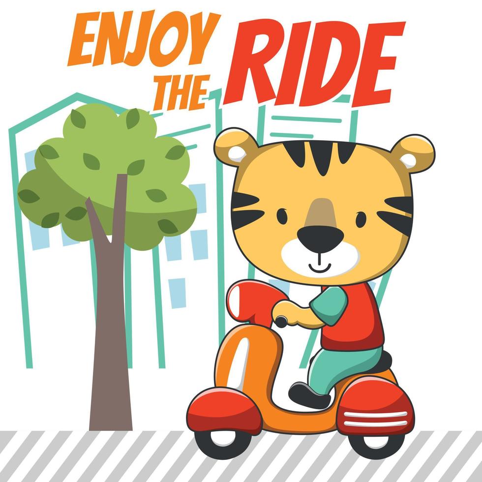 Vector illustration of cute tiger riding scooter. Can be used for t-shirt printing, children wear fashion designs, baby shower invitation cards and other decoration.