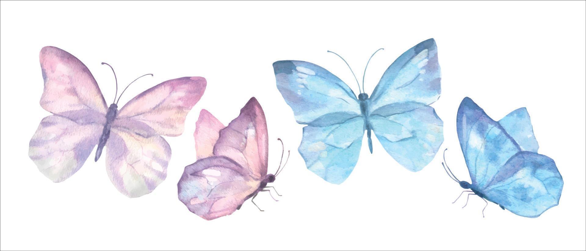 A set of delicate cute pink and blue butterflies. Watercolor vector illustration.