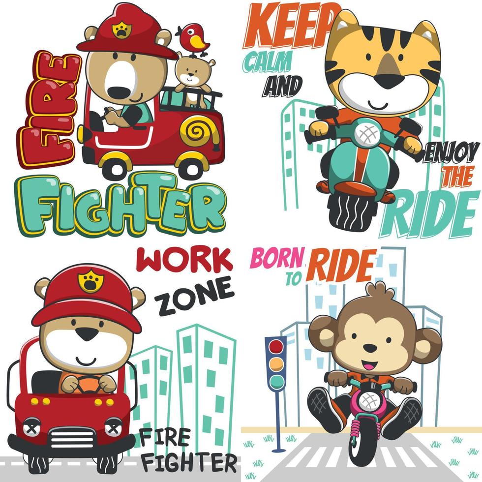 Set of cartoon kid animal activity. Bear the fire fighter. Tiger riding a scooter. Monkey riding a motorbike. Isolated objects on white background. Concept for children print. vector